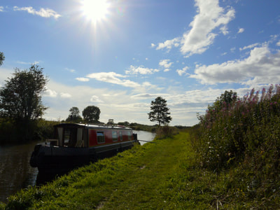 Photo of the Lancaster canal with a red and blue hire narrowboat moored up on the green grassy towpath